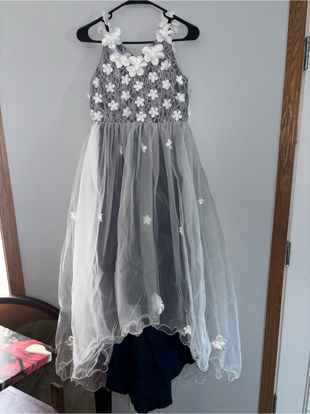 White Floral Appliqué Tulle High-Low Dress